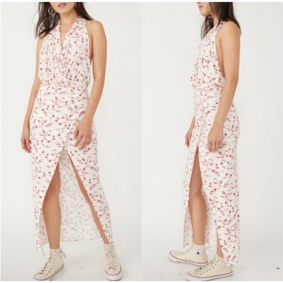 NWT Free People Daria Graphic Maxi Dress Ivory Red Combo Front Slit Size L - Picture 1 of 15